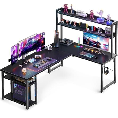 ODK L Shaped Gaming Desk with Hutch, Computer Desk with Storage Shelves, 66" L Shaped Desk for Home Office, Corner Desk with Headphone Hook, Black