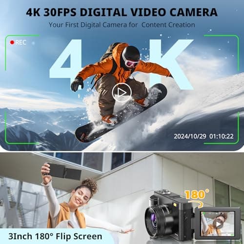 4K Digital Camera for Photography Autofocus, 2025 Latest 48MP Vlogging Camera for YouTube with SD Card, 2 Batteries, 3" 180°Flip Screen Compact Travel Camera for Teens with 16X Zoom, Anti-Shake,Black 2