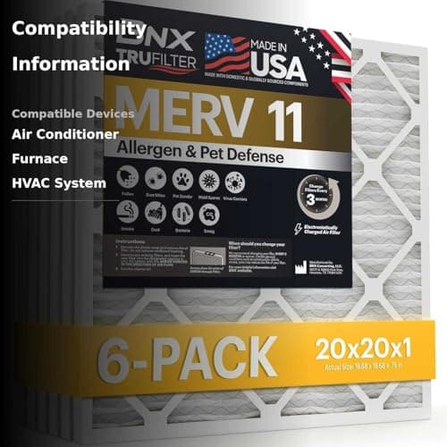 BNX TruFilter 20x20x1 Air Filter MERV 11 (6-Pack) - MADE IN USA - Allergen Defense Electrostatic Pleated Air Conditioner HVAC AC Furnace Filters for Allergies, Dust, Pet, Smoke, Allergy MPR 1200 FPR 7 3