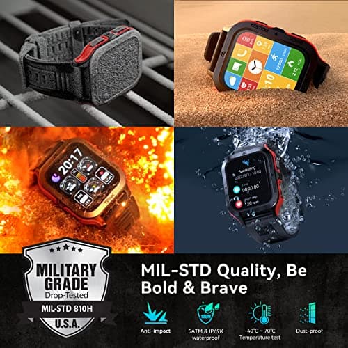 AMAZTIM Smart Watch, 60 Days Extra-Long Battery, 50M Waterproof, Rugged Military Bluetooth Call(Answer/Dial Calls), 1.85" Ultra Large HD Display, AI Voice Assistant, Compatible for Android and iOS-Red 2