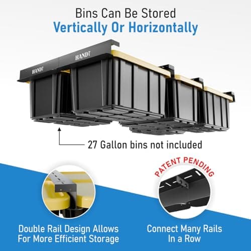 HANDT Overhead Garage Storage Rack, Connectable Heavy Duty Metal Ceiling Rails For Garage Storage Organization Shelving System, Hanging Racks For Tote Containers, Supports Up To 6 Bins, 4 Sets Black 4
