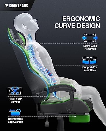 Soontrans Green Gaming Chair with Footrest,Racing Gaming Chair,Computer Gamer Chair,Ergonomic Game Chair with Adjustable Headrest and Lumbar Support(Jungle Green) 4