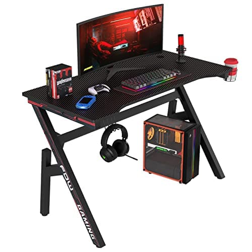 BestOffice | 47" Gaming Desk | Red | Carbon Fiber Textured Computer Desk | Sturdy Steel Frame, Cup Holder, Headphone Hook, Cable Management Holes, Adjustable Leg Pads | for Gamers, Home, Office