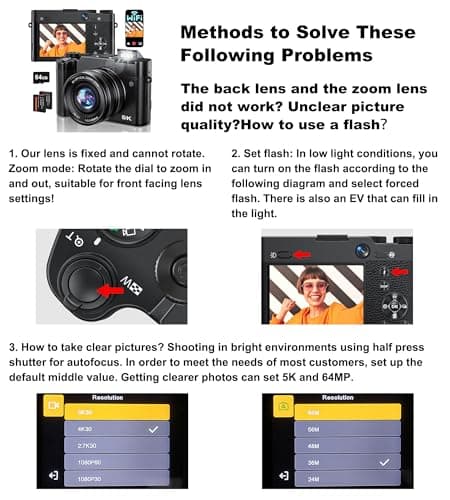 Digital Camera, 6X Optical Zoom & WiFi, 5K 30FPS 64MP Vlogging Camera, Rear and Front Cameras for Photography and Video, Autofocus & Anti-Shake, Travel Selfie for YouTube with Flash Dial 64GB Card 4