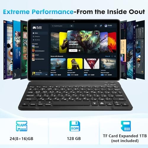 Aobante 10 Inch Tablet, Android 15 with 24GB RAM + 128GB ROM (1TB Expandable), Octa-Core, 1280x800 IPS HD Touchscreen, 5MP+8MP Dual Camera, 6000mAh, Tablet with Keyboard, Mouse, Widevine L1(Blue) 3