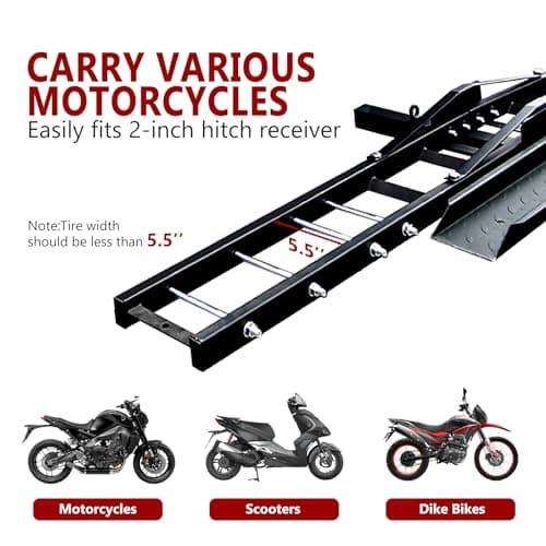 Grandroad Auto Motorcycle Hitch Carrier, 500LBS Heavy Duty Steel Dirt Bike Carrier with Loading Ramp, Anti-Tilt Locking Device, Motorcycle Rack for Dirt Bike Hitch Hauler 4