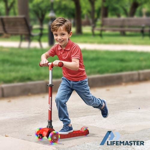 Lifemaster Kids Scooter – Children and Toddler 3 Wheel Kick Scooter – LED Wheel Lights Illuminate When Rolling– Adjustable Handlebar – Indoor and Outdoor Red 3