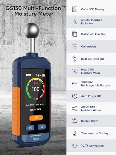 Pinless Moisture Meter for Wood, Walls & Drywall | Digital Moisture Detector, Concrete Moisture Meter & Firewood Reader | GS130 USB-C Rechargeable Humidity Tester 5