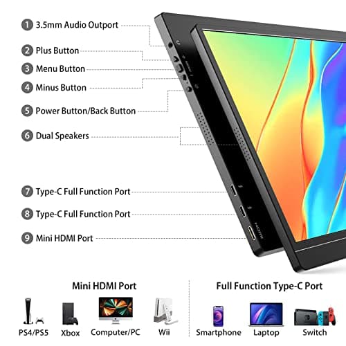 KYY Portable Monitor Latest 15.6'' FHD 1080P USB-C HDMI Laptop Monitor w/Smart Cover Bag & Dual Speakers, External HDR Computer Screen, Travel Gaming Monitor for PC MAC Phone Xbox PS4/5 Switch 3
