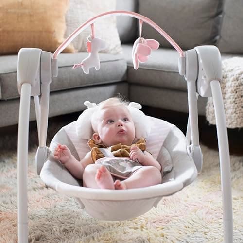 Ingenuity Comfort 2 Go Compact Portable 6-Speed Cushioned Baby Swing with Music, Folds Easy, 0-9 Months 6-20 lbs (Pink Flora the Unicorn) 4