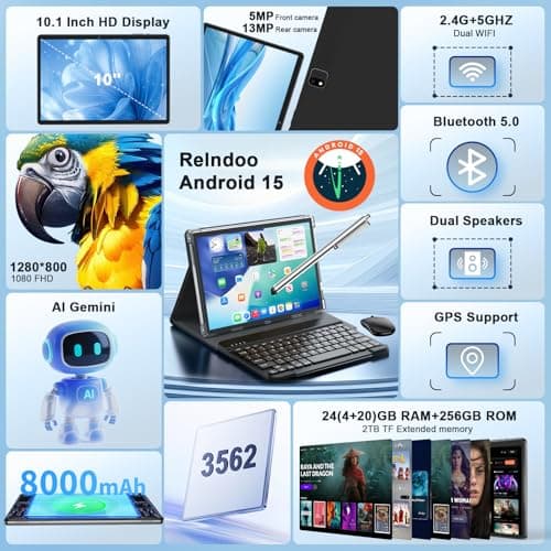 2025 Android 15 tablet with keyboard, 26GB+256GB+2TB Expand, 10 inch 2-in-1 Tablets with 8-Core, 5G WiFi, 8000mAh, BT5.0, 5MP+13MP, GMS, GPS, Widevine L1, Tablet PC with Mouse, Case, Stylus (Black) 2