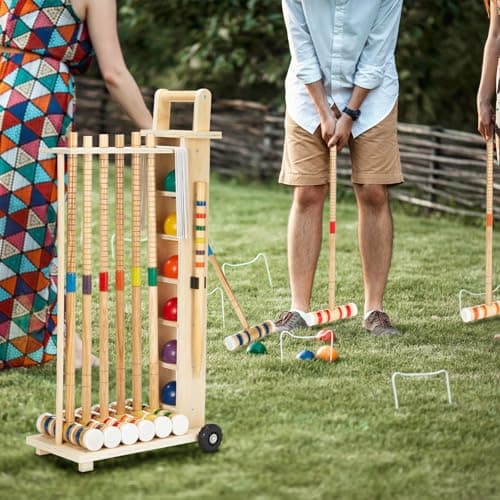 Hiboom 6 Player Croquet Set for Adults & Kids with Wooden Stand, Rubber Wooden Mallets, Colored Balls and Steel Wicket for Family & Friends, Great for Outdoor Lawn, Backyard Park 5