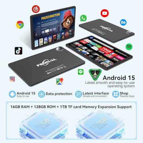 Tablet 11 inch Android 15 Tablet, 2025 Latest Update 128GB ROM 16GB RAM, 4G LTE Tableta, 5G WiFi+Cellular, Octa-Core MTK8786, 13+8 MP Rear and Front Camera,Incell FHD Screen, T-Mobile SIM Card Support 3