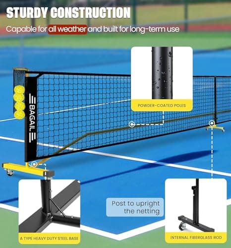 BAGAIL Portable Pickleball Net Set with Wheels, 22 FT Regulation Size & 11 FT Half Court Size 2-in-1 Pickle Ball Net with Ball Collector, Carry Bag, 4 Pickle Balls, Easy Setup - Yellow 5