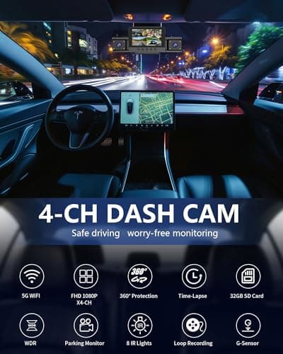 4-Channel 360° Dash cam Front and Rear FHD 1080P 180° Rotating Side-View Camera APP Control reversing Display Collision Detection Parking Monitoring Loop Recording | Suitable for sedans and SUVs 2