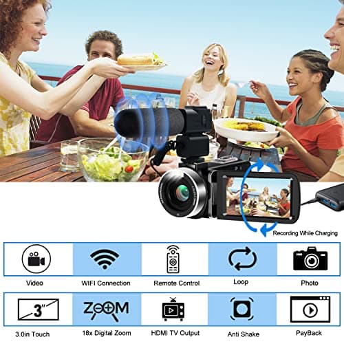 4K Video Camera, Camcorder 48MP Ultra HD WiFi Vlogging Camera for YouTube 18X Zoom 3.0" Touch Screen Digital Camera with Microphone, Stabilizer, Lens Hood, Remote, 2 Batteries 4