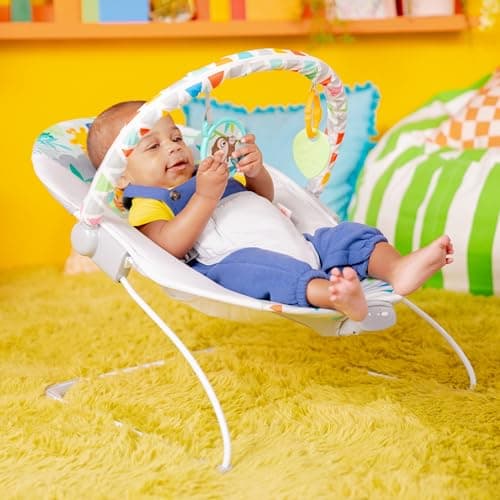 Bright Starts Baby Bouncer Soothing Vibrations Infant Seat - Removable -Toy Bar, Nonslip Feet, 0-6 Months Up to 20 lbs (Safari Fun) 4