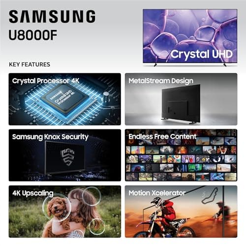 Samsung 43-Inch Class Crystal UHD U8000F 4K Smart TV (2025 Model) Endless Free Content, Crystal Processor 4K, MetalStream Design, Knox Security, Alexa Built-in 3