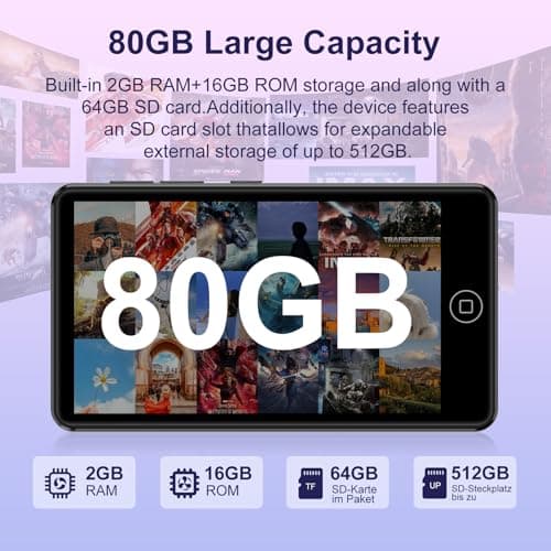 80GB MP3 Player with Bluetooth and WiFi, Android Spotify Music Player for Pandora, Amazon Music, Audible. 4.02" Touchscreen, Speaker, Supports Play Store,Up to 512GB 4