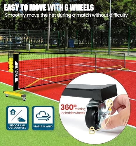 BAGAIL Portable Pickleball Net Set with Wheels, 22 FT Regulation Size & 11 FT Half Court Size 2-in-1 Pickle Ball Net with Ball Collector, Carry Bag, 4 Pickle Balls, Easy Setup - Yellow 3