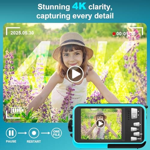 4K Underwater Camera 64MP Autofocus 16FT Waterproof Camera Dual-Screen Selfie 16X Underwater Camera for Snorkeling Waterproof Compact Floatable Digital Camera with 32GB Card 2