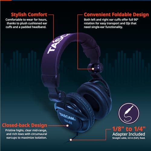 TASCAM TH-02 Professional Studio Monitor Headphones, Wired, Over Ear — for Recording, Podcast, DJ, Music and Guitar, with 1/4 Inch Jack Adapter 3