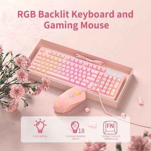 Pink Creamy Keyboard and Mouse Combo,MageGee GK980 Wired RGB Backlit Keyboard and Pink Gaming Mouse Combo,PC Keyboard and Adjustable Sensitivity Mouse for PC/loptop/MAC 5