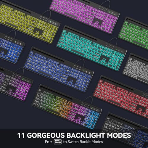 MARVO Large Print Backlit Keyboard, WK712 Wired Computer Keyboards with 7 Colors & 11 Modes Backlight, Tablet Phone Holder and Quiet Light Up Keys, Full-Size Gaming Keyboard for Windows, Mac 3