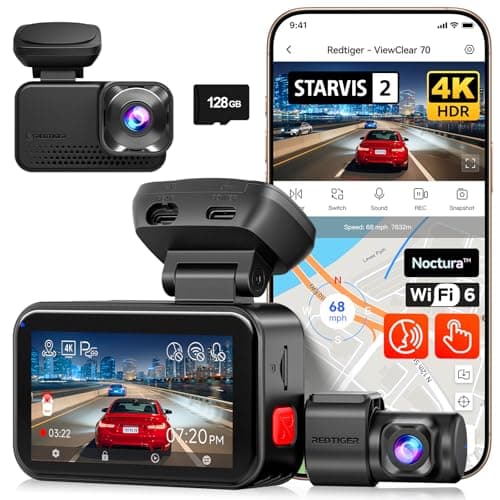 REDTIGER ViewClear 70 4K+2.5K Dash Cam Front and Rear, STARVIS 2 IMX678 x Noctura™ Sensor, Dual HDR Hyper Night Clarity, 5.8GHz WiFi 6, 30MB/S Fast Download, Dash Camera with 24H Parking Monitor