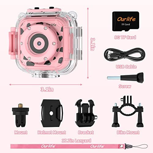 Ourlife Kids Waterproof Camera, Kids Camera for 13+ Year Old Boys Girls Christmas Birthday Gifts for Kids Underwater Sports Camcorder 1.77 Inch Screen with 8GB Card (Pink) 5