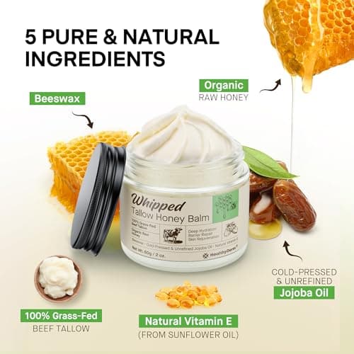 Beef Tallow Honey Balm for Skin: 100% Grass Fed Whipped Organic Moisturizer with Organic Raw Honey, Jojoba Oil, Vitamin E – Natural Face and Body Care for Mature, Dry or Sensitive Skin, 2oz 2
