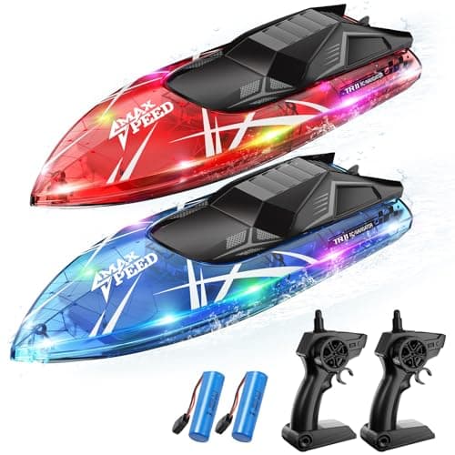 TOLLCY Remote Control Boat for Kids, 2Pack RC Boats with LED Lights for Pools Lakes River & Bathtub, 2.4Ghz Control, Whole Body Waterproof, 2 Rechargeable Batteries Summer Water Toys