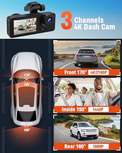 Dash Cam Front and Rear Inside, 4K Full HD Triple Dash Camera for Cars, Car Camera with 32GB Card,Built-in Loop Recording,G-Sensor,24H Parking Monitor,WDR,Accident Lock 2