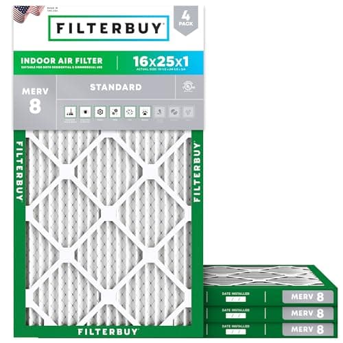 Filterbuy 16x25x1 Air Filter MERV 8 Essential Dust & Allergy Defense (4-Pack), Electrostatic Pleated HVAC AC Furnace Filters Replacement, Made in USA (Actual Size: 15.50 x 24.50 x 0.75)