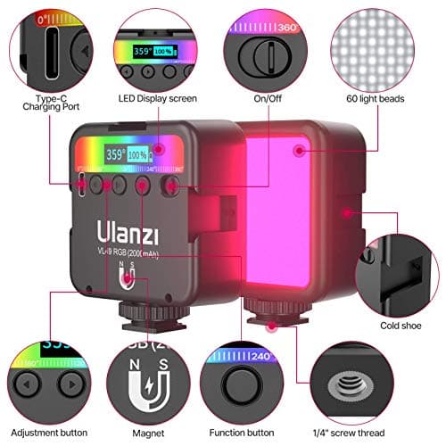ULANZI VL49 RGB Video Lights, LED Camera Light 360° Full Color Portable Photography Lighting w 3 Cold Shoe, 2000mAh Rechargeable CRI 95+ 2500-9000K Dimmable Panel Lamp Support Magnetic Attraction 2