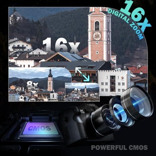 8K Digital Cameras for Photography 64MP - 16X Zoom Autofocus, WiFi, 180° Flip Screen with Wide-Angle & Macro Lens, Vlogging Camera for YouTube Travel with 64GB TF Card, 2 Batteries & Mic (Black) 4