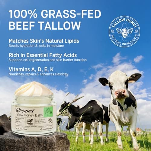 Beef Tallow Honey Balm for Skin: 100% Grass Fed Whipped Organic Moisturizer with Organic Raw Honey, Jojoba Oil, Vitamin E – Natural Face and Body Care for Mature, Dry or Sensitive Skin, 2oz 5