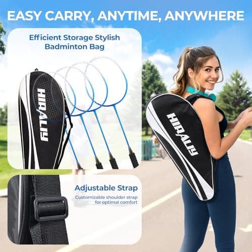 HIRALIY Badminton Rackets Set for Backyards, Lightweight Badminton Set of 4, Includ 4 Rackets, 12 Nylon Birdies, Replacement Grip Tapes, 1 Carrying Bag, Outdoor Games for Adults Family Kids Beginners 4