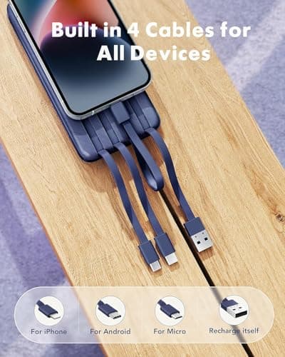 charmast Portable Charger with Built in Cables, Power Bank with Cords Wires, Slim 10000mAh Travel Battery Pack 6 Outputs 3 Inputs 3A Fast Charging for Samsung Google Pixel LG Moto iPhone iPad 2