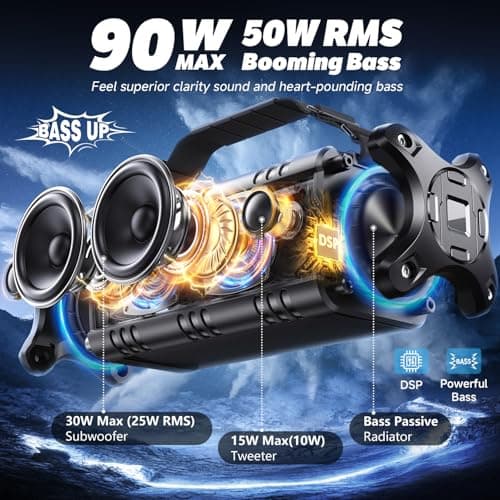 W-KING Bluetooth Speaker, 90W Max Portable Outdoor Speaker Loud, IPX6 Waterproof/50W Deep Bass Subwoofer/40H/EQ/Dual Pairing/TF/AUX, Large Boombox Speakers Bluetooth Wireless for Party/Beach/Jobside 2