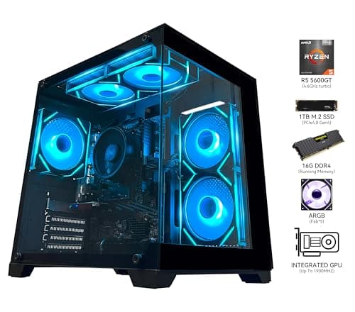 YAWYORE Gaming PC Desktop Computer AMD Ryzen 5 5600GT,16GB DDR4 3200MHz,1TB M.2 NVMe PCle4.0 Gen4,550W 80PLUS PSU,WiFi,Game Design Office Console,Sea View Room, Towers Prebuilt PC (Black) 3