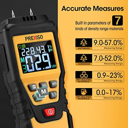 PREXISO Wood Moisture Meter - 7 in 1Digital Moisture Meter for Firewood, Woodworking, Walls, Home, Drywall, Paper, Floor - Moisture Reader, Pin-Type Water Leak Detector, Dampness Meter 4