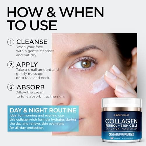 Collagen Face Cream with Stem Cells Retinol Hyaluronic Acid Niacinamide for All Skin Types - Anti-Aging Face Moisturizer with Airless Pump - Day & Night Cream for Wrinkles - Made in USA 1.7 Oz 6