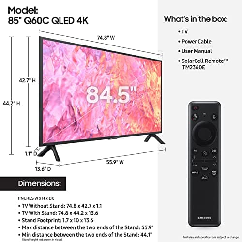 SAMSUNG 85-Inch Class QLED 4K Q60C Series Quantum HDR, Dual LED, Object Tracking Sound Lite, Q-Symphony, Motion Xcelerator, Gaming Hub, Smart TV with Alexa Built-in (QN85Q60C, 2023 Model) 2
