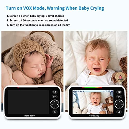 HelloBaby No WiFi Baby Monitor 5" Screen 30-Hour Battery Pan-Tilt-Zoom Video Upgrade with Camera and Audio, Night Vision, VOX, 2-Way Talk, 8 Lullabies and 1000ft Range, HB6550 5