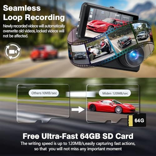 Miden S7 4K Dash Cam Front and Rear, 64G SD Card,2160P+1080P FHD Dual Dash Camera for Cars,176°+160° Wide Angle,3.2'' IPS Screen Dashcam,Loop Recording,G-Sensor,WDR,24H Parking Monitor,Night Vision 4