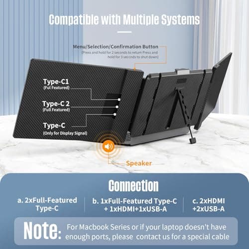 ALLVIA Laptop Screen Extender 14" 1080P FHD IPS, Portable Monitor for Laptop 13-17", Triple Monitor Extended for laptops with Dual Speakers, Plug-Play with Type-C/HDMI/USB-A for Wins/Mac/Chrome 3