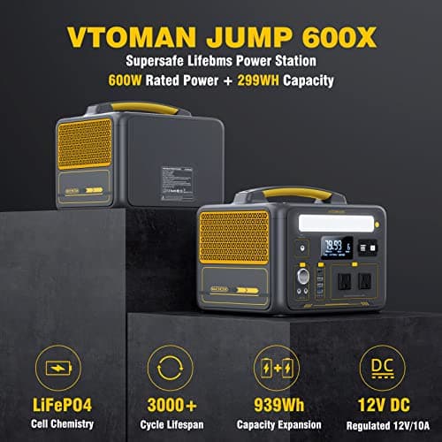VTOMAN Jump 600X Portable Power Station 600W, 299Wh Solar Generator LiFePO4 Battery Power Station with Jump Start for Car, 1200W AC Outlet, PD 60W USB-C, 3x Regulated 12V/10A DC for Camping, RV Travel 3
