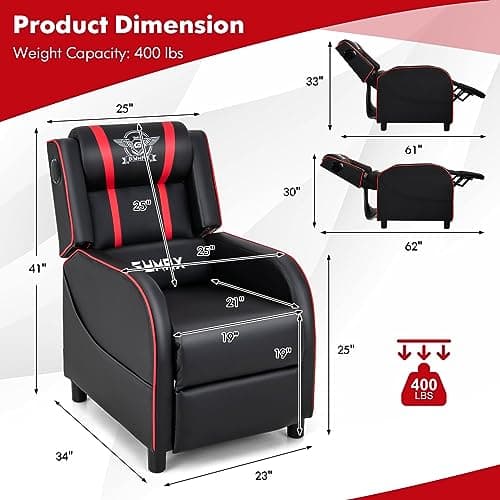 GYMAX Gaming Recliner, Massage Gaming Chair with Bluetooth Speaker, Adjustable Footrest & Lumbar Support, Single Ergonomic Gaming Sofa, Video Gaming Chair for Adults, Home Theatre (Red) 3