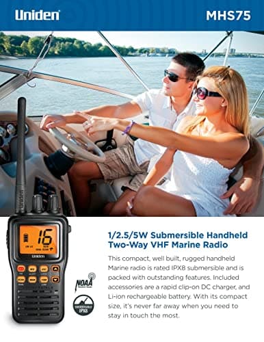 Uniden MHS75 Waterproof Handheld 2-Way VHF Marine radio, Submersible, Selectable 1/2.5/5 Watt Transmit Power. All USA/International and Canadian Marine Channels - Color Black 5